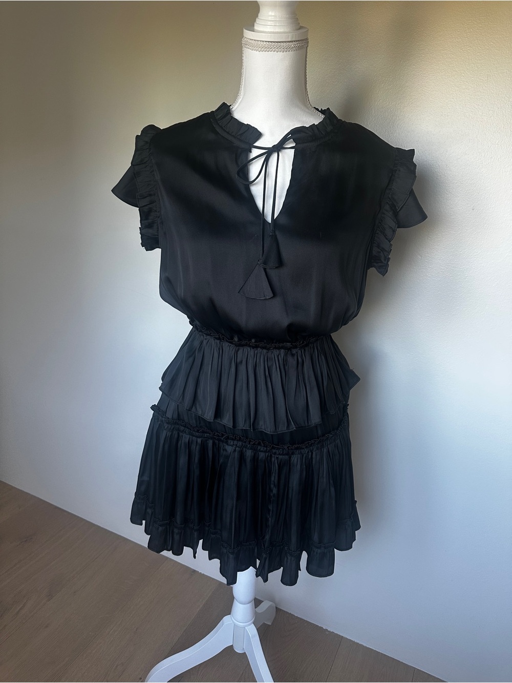 Black Ruffle-Tiered Tie-Neck Mini Dress